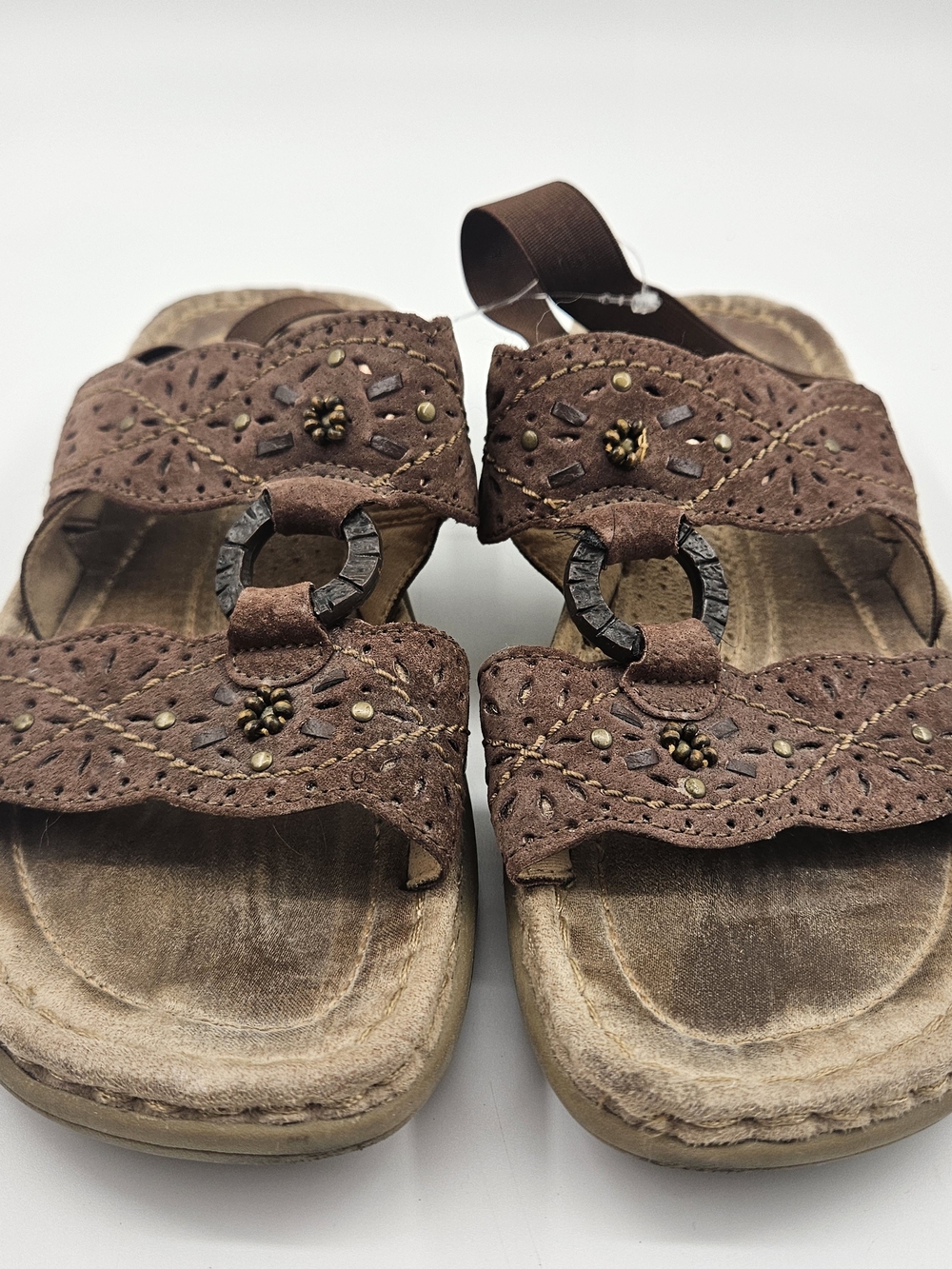Earth Spirit Womens Brown Leather Slingback Sandals Sz 8 Embellished Beads